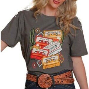 Cruel Women's LG Short Sleeve Cassette Tape Graphic T-Shirt Grey